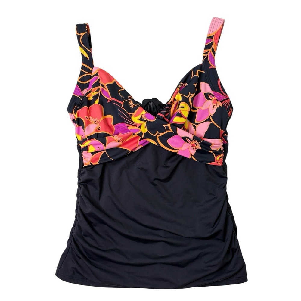 Lands' End Tankini Top 6L Black Hawaiian Floral‎ Underwire Long Torso Coastal